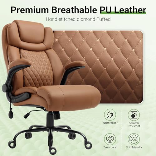 Office Chair, Big and Tall Executive Chair with Air-Lumbar Support, Breathable Desk Computer Chair with Adjustable Flip-up Armrests, Wide Cushion Seat Swivel Home Office Chair - color: Brown