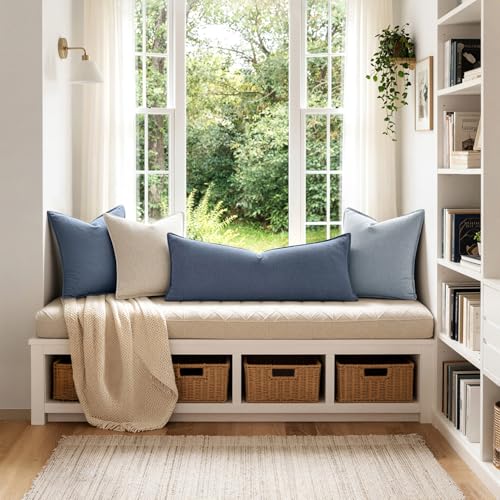 MIULEE 장식용 리넨 요추 베개 커버 35.6x91.4cm(14x36인치) 블루 애쉬 | Boho Farmhouse 소파 침대용 롱 스로우 베개, 액센트 코스탈 모던 베개 커버 1팩, 소파 거실 홈 데코 - color: Blue Ashes, size: 36" x 14" (Pack of 1)