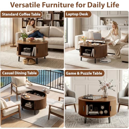 DreamDashio 31.5" Round Lift Top Coffee Table with Hidden Storage, Mid Century Modern Fluted Coffee Tables with Sliding Tambour Door, Small Wood Center Tables for Living Room, Small Space, Walnut