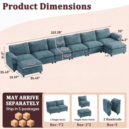 JUMMICO 232" Oversized Sectional Couch, Modular Cloud Sofa, Dark Blue | Comfy Chenille, 2 Movable Ottoman, Deep Seat, Double Layer Cushion, 6 Seat, High-Density Foam, for Living Room - color: Dark Blue, size: Oversized Sofa