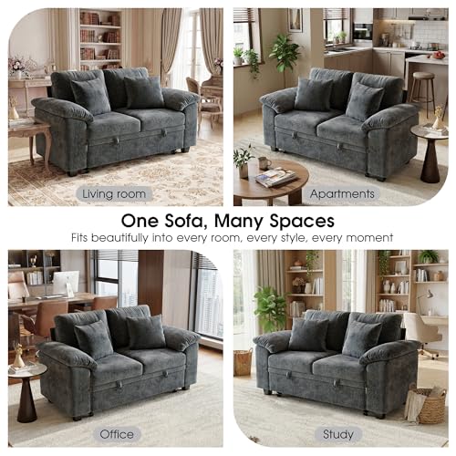 61” Pull Out Couch, 2 in 1 Sleeper Sofa Bed with Throw Pillow, Convertible Small Loveseat Sleeper Couch for Living Room, Bedroom, Apartment (Gray) - color: Grey, size: 2 Seat Sleeper