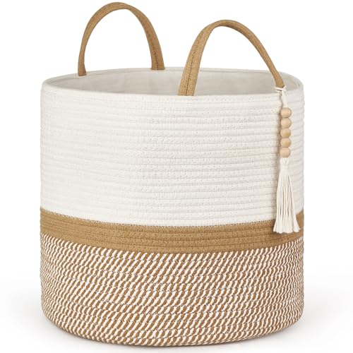 Mkono Woven Storage Basket for Blanket, Toys Plant Organizer, 16"W x 13.8"L | White and Brown, Decorative Basket with Handle, Wood Beads Tassel, Shoes Clothes Storage Bin, Living Room Bedroom Nursery - color: White and Brown, size: 16" W × 13.8"L