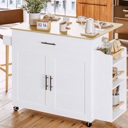 IRONCK Kitchen Island with Storage, Charging Station and Drop Leaf, White | Wheels, Drawers, Open Shelves, Drawer Storage, Everyday Home Use - color: White