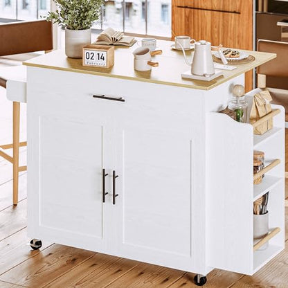 IRONCK Kitchen Island with Storage, Charging Station and Drop Leaf, White | Wheels, Drawers, Open Shelves, Drawer Storage, Everyday Home Use - color: White