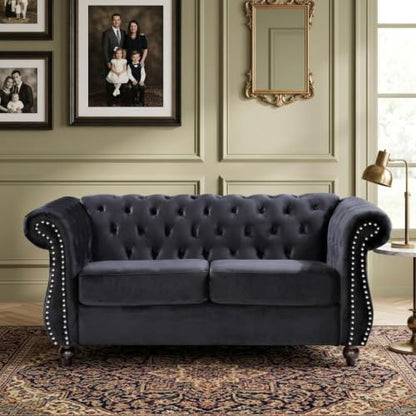 GDFStudio 82.6" Chesterfield Sofa Set, Modern Velvet Upholstered Sofa Set, Comfy 3 Seat Couch with Loveseat for Living Room Apartment, Button Tufted Rolled Arms Solid Wood Legs Spring Cushion, Black - color: Black, size: 3+2 Seat