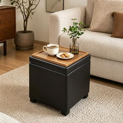 15 inch Square Storage Ottoman with Tray Lid,Modern Tufted Faux Leather Cube Coffee Table with Storage,Upholstered Ottoman with Removable Top for Living Room, Bedroom - color: Faux Leather -Black With Tray