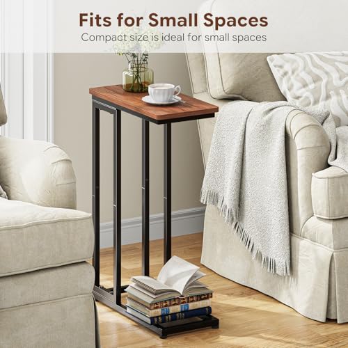 Ekisemio C-Shaped End Table Set of 2, Slide Under Sofa Side Table with Metal Frame, Rustic Brown for Living Room, Home Office, Small Spaces