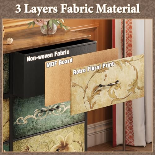Dresser for Bedroom Chest of Drawers Fabric Dresser for Closet, Nursery Entryway Hall Tree TV Stand for Living Room Retro Floral Pattern Wooden Top (13 Drawers) - size: 13"D x 70.9"W x 26.8"H (13 Drawers)