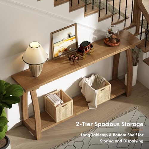 63" Long Solid Wood Console Table, Narrow Behind Couch Sofa Table | with A-Shaped Curved Legs, with Storage Shelf, Farmhouse Entryway Table, Rustic Skinny, for Living Room, Hallway or Foyer
