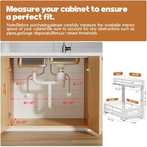 L-Shaped Metal Under Sink Organizer, 2-Tier Double Pull-Out Cabinet Organizer for Kitchen & Bathroom Storage, Height Adjustable, Smooth Cylinder Rail, White, 2 Packs - color: White, size: 2 Pack-15.7"Dx11.4"-16.34"H