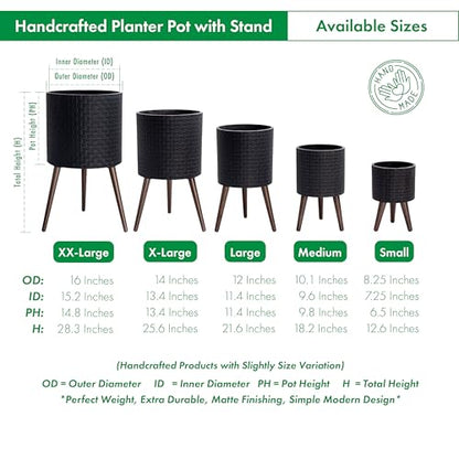 D'vine Dev Planter Pot with Wood Stand, 14 in, Distressed Black, 88-Z-D-5 | Mid-Century Modern Style, Elevated Plant Display, Drainage Hole and Plug, Functional & Stylish, Modern Indoor Planter - color: Distressed Black, size: X-Large