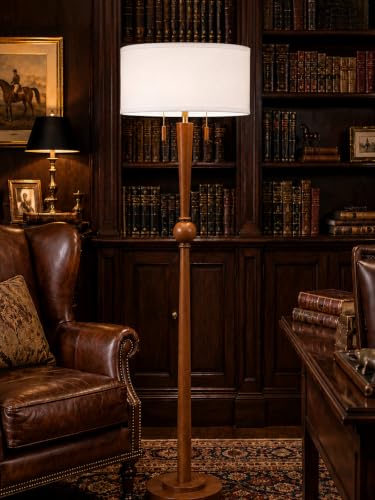 MOFFE Solid Wood Floor Lamp for Living Room,Pull Chains Standing Lamp | 62.8" Tall,17" White Drum Shade,Sculptural Wood Base & Stem,2-Light Design,Standing Lamp for Bedroom,2 Bulbs Included - color: Amber Walnut