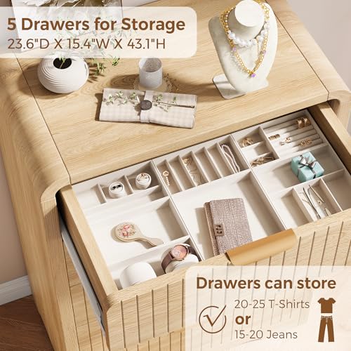 Jocoevol Fluted 5 Drawer Dresser, 43" Tall Dresser Chest of Drawers Curved Profile Design, Wood Mid Century Vertical Dresser Natural Texture for Bedroom, Natural Oak Dresser