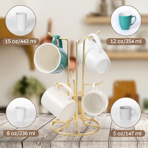 HULISEN Mug Tree for Large Cups, 6 Hook Countertop Coffee Mug Holder, Gold | Cup Rack for Counter, Stable Wide Base, Metal Stand for Kitchen Coffee Bar Display, Space-Saving, No Assembly Required - color: Gold