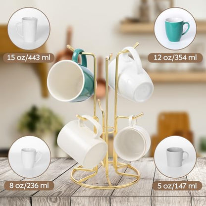 HULISEN Mug Tree for Large Cups, 6 Hook Countertop Coffee Mug Holder, Gold | Cup Rack for Counter, Stable Wide Base, Metal Stand for Kitchen Coffee Bar Display, Space-Saving, No Assembly Required - color: Gold
