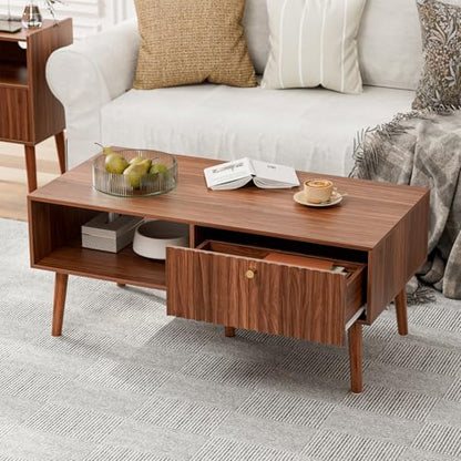 LCRBOL Coffee Table with Fluted Drawer, Mid-Century, Walnut | 39.3"W x 19.7"D x 17.1"H, 1 fluted drawer & open shelf, golden handle, 5 legs, ~45 min assembly - color: Walnut(lsj011-wa)