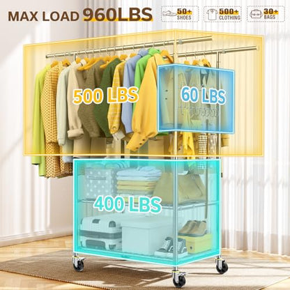 100% Stainless Steel Heavy Duty Clothes Rack Load 960LBS, Double Rod Clothing Rack for Hanging Clothes with Reinforced Rubber Rings, Extendable Rolling Garment Racks W/ Portable Wheel & Sturdy Shelves