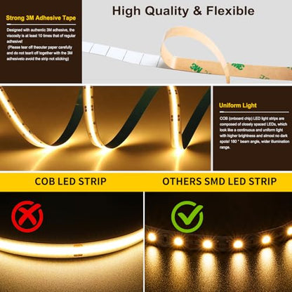 Pandery COB LED Strip Light,CCT Dimmable Strips Light,2700K-6500K,50ft/15m,8mm Wide,CRI90+ 24V LED Strips Kit with Bluetooth APP Control/Music Mode,for Bedroom,Kitchen,DIY Lighting - size: 50FT