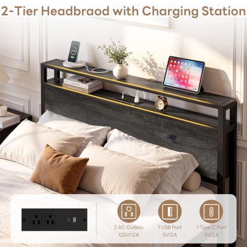 LIKIMIO Queen Bed Frame with Headboard, 2 Drawers and Charging Station - color: Charcoal Grey, size: Queen