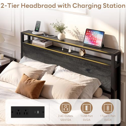 LIKIMIO Queen Bed Frame with Headboard, 2 Drawers and Charging Station - color: Charcoal Grey, size: Queen