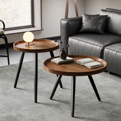 2 PCS Small Round Coffee Table Set, Mid Century Modern Coffee Tables for Living Room, Walnut Nesting Tables for Small Spaces, Easy Assembly Circle Wood Center Table,Black Side/End Table Set of 2,Brown