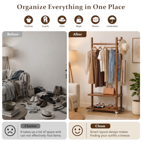Coat Rack Solid Wood Stand Storage 2 Shelves 4 Hooks Entryway | Hallway bedroom living room office, durable wood construction, freestanding design, coats hats bags storage - size: Walnut - L: 13''Wx 24.8"D x 71"H (With Wheels)