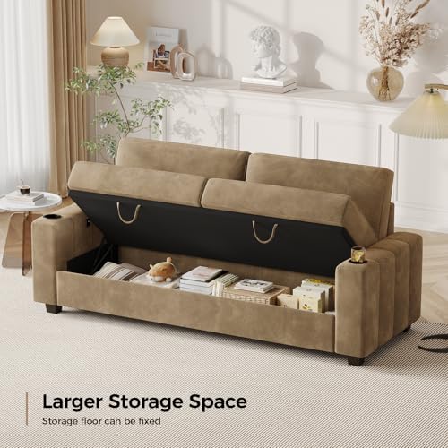 COPIAE Loveseat Sofa, Larger Couch Velvet Fabric with Storage, Charging Ports, Heightened Backrests, Removable Cover Modern Comfy Couches Easy Assembly for Living Room, 88 Inch Gold - color: Gold
