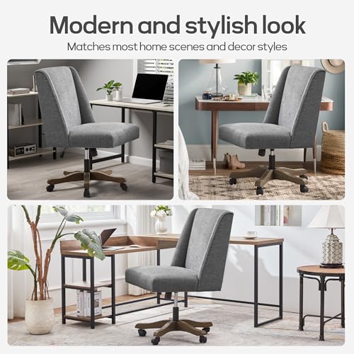 Upholstered Armless Office Chair Fabric Swivel Home Desk Chair with Wheels | Modern Comfy Boho Office Chair with Wooden Legs Adjustable Desk Chair no Arms for Sewing Women Farmhouse Study Studio Grey - color: Grey