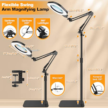 15X Magnifying Lamp with Light,5-Inch Optical Glass Lens, 3-in-1 Desk/Clamp/Floor Stand, LED Lighted Magnifier, Stepless Dimming for Close Work, Crafts, Repair, Reading, Sewing, Black - color: Black