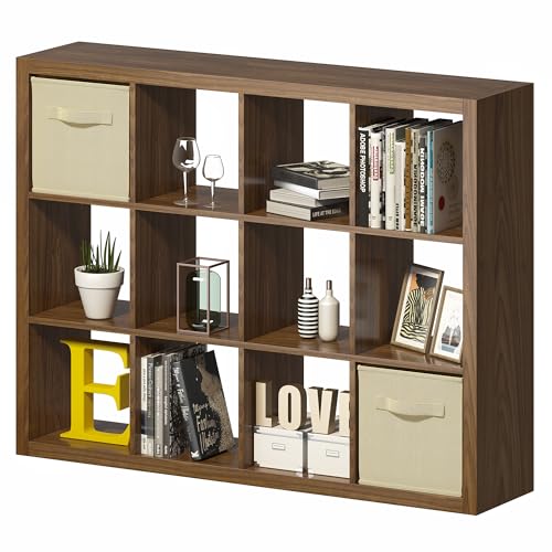 furtble Bookshelf with Storage Bins, 12-Cube Storage Organizer, Modern Wood Open Bookcase, Multifunctional Display Shelf for Living Room, Bedroom, Home Office, Classic Oak - color: Classic Oak, size: 12 cube