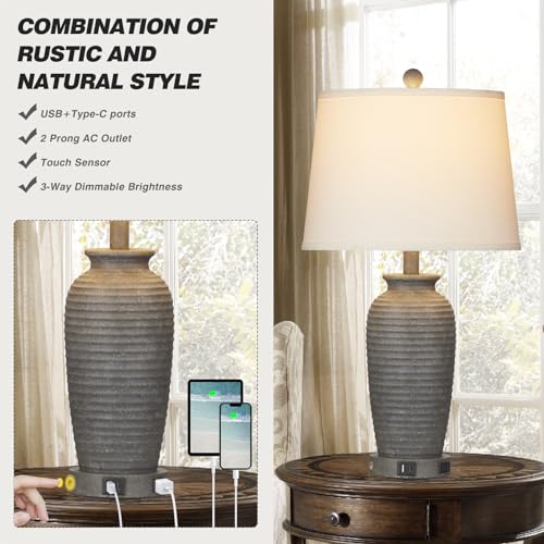CINSARY 25" Farmhouse Jar Table Lamps Set of 2, 3 Way Touch Control Rustic Bedside Lamps with USB A+C Ports & AC Outlet, Pot Nightstand Lamps for Bedroom Living Room (LED Bulbs Included) - color: Gray