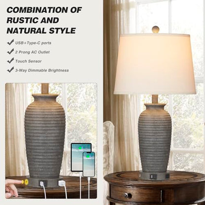 CINSARY 25" Farmhouse Jar Table Lamps Set of 2, 3 Way Touch Control Rustic Bedside Lamps with USB A+C Ports & AC Outlet, Pot Nightstand Lamps for Bedroom Living Room (LED Bulbs Included) - color: Gray
