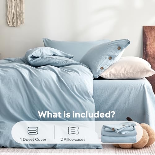 JELLYMONI 100% Washed Cotton Baby Blue Duvet Cover Full, Linen-Like | OEKO-TEX Certified, Soft, Breathable Percale Bedding with Natural Wrinkle Texture, Button Closure, 3-Piece Set, 80"x90" - color: 01- Baby Blue, size: Full(80"×90")