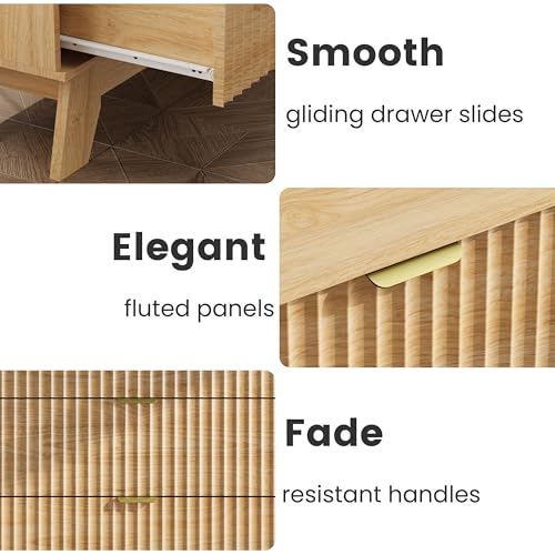 Night Stand Set 2, Bedside Table & End Table, Mid Century Modern Fluted Wood Nightstand with 3 Drawers & Metal Handles, Farmhouse Nightstand for Bedroom, Natural Oak - color: Natural Oak, style: 3 Drawers-2 PCS