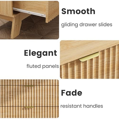 Natural Oak Night Stand with 3 Drawers, Bedside Table & End Table, 24" Wide Mid Century Modern Fluted Wood Nightstand with Metal Handles, Farmhouse Night Stands for Bedroom - color: Natural Oak, style: 3 Drawers