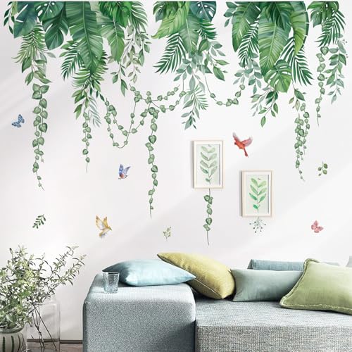 wondever Green Tropical Leaves Wall Decals Palm Leaf Plants Wall Stickers | Peel and Stick, Removable, Wall Art Decals, Wall Decoration, Living Room Bedroom, Office Sofa TV Home Wall Decor - style: Green Leaves