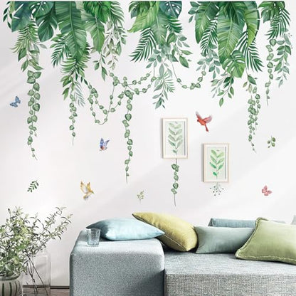 wondever Green Tropical Leaves Wall Decals Palm Leaf Plants Wall Stickers | Peel and Stick, Removable, Wall Art Decals, Wall Decoration, Living Room Bedroom, Office Sofa TV Home Wall Decor - style: Green Leaves