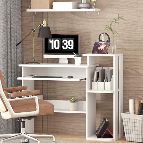 ALISENED Computer Desk with Storage Shelves, Home Office Desk with Monitor Stand, Small Writing Desk Table with Keyboard Tray,Study Table with CPU Stand for Small Spaces (35"-White) - color: 35"-white