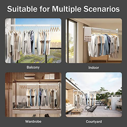 Wall Mounted Foldable Clothes Drying Rack, Heavy Duty 3-Fold Laundry Airer with Ring Hook Design, Space Saving Aluminum Rack for Balcony Bathroom Laundry Room,White Rings - style: White-Rings