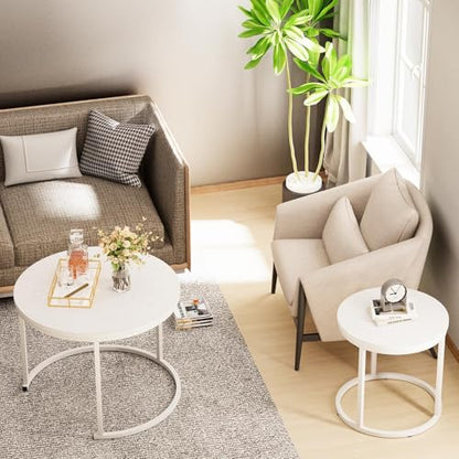 Nesting Coffee Table, 23.6" Round Coffee Table Set of 2, Wooden Nesting Table Set with Metal Frame, Side Tables for Living Room Bedroom Balcony, White - color: White