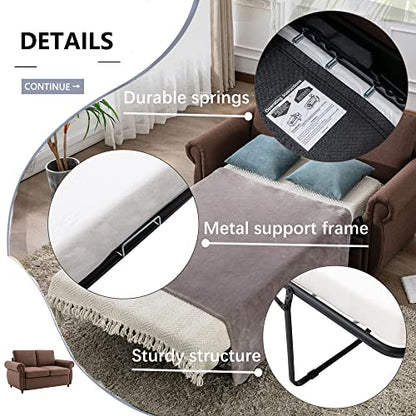 Pull Out Sleeper Sofa Loveseat Sleeper, Linen Upholstered Couch with Twin Size Memory Foam Mattress, for Living Room Small Spaces (Brown-Pull Couch) 59 L *31.1W*35.4H inches