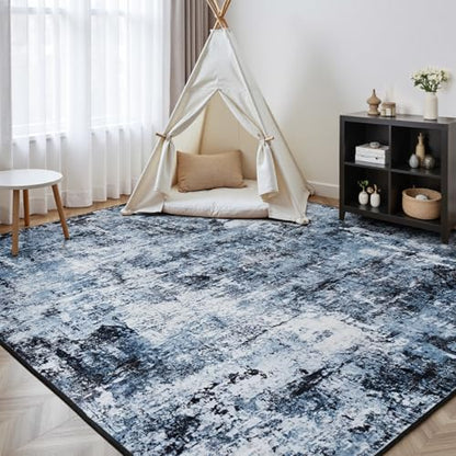 Rugflix 3x5 Entrance Rugs, Washable Navy Blue Dark Entry Small Rug | Machine Washable; Stain-Resistant; Low Pile; Non-Slip; Modern Abstract; Black Carpet for Entryway Kitchen Hallway Home - color: 01-ocean Blue, size: 3' x 5' (Rectangular)