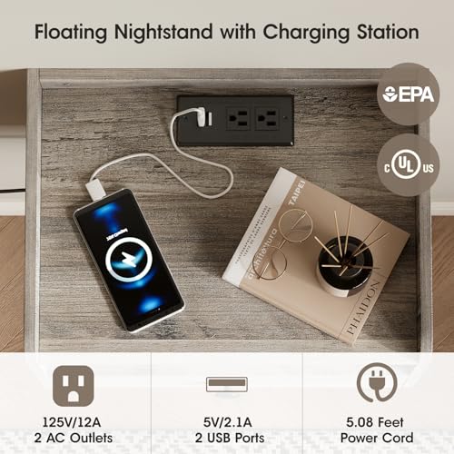 Floating Nightstand Set of 2 Modern Night Stands with Drawer and Open Shelf | Cubby Small Bedside End Table with Charging Station Wall Mounted Nightstands Set 2 for Bedroom Grey - color: Grey