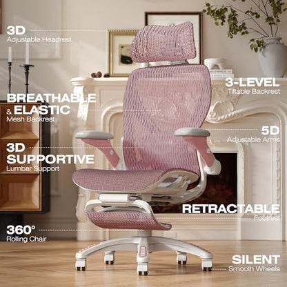 X100 Ergonomic Mesh Office Chair with Footrest, Big and Tall Home Desk Chair with 5D Flip-Up Arms, Adjustable 3D Lumbar Support, Gaming & Executive Computer Chair (Peach Blossom) - color: Peach Blossom