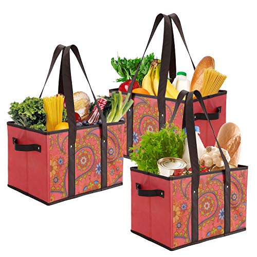 Foraineam Reusable Grocery Bags Set Durable Heavy Duty Tote Bag Collapsible Grocery Shopping Box Bag with Reinforced Bottom - color: Fervent Paisley / 3 Pack