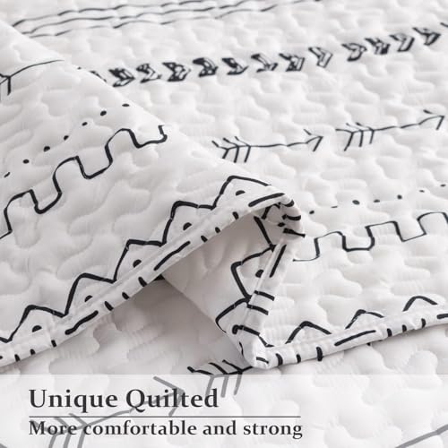 DURLENGEN White Quilt Set Queen Size 3Pcs,Bohemian Design with White & Black Geometric Pattern Printed on White, All Season Lightweight Bedspread Coverlet Sets(Queen 90x96,Boho White) - color: Boho White, size: Queen(90" x 96")
