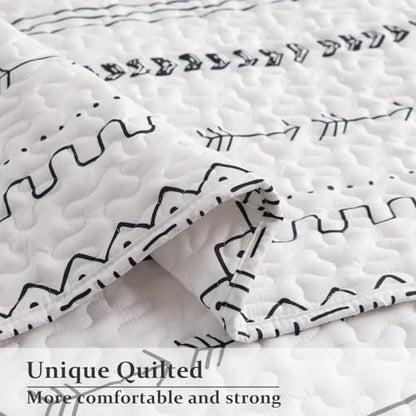 DURLENGEN White Quilt Set Queen Size 3Pcs,Bohemian Design with White & Black Geometric Pattern Printed on White, All Season Lightweight Bedspread Coverlet Sets(Queen 90x96,Boho White) - color: Boho White, size: Queen(90" x 96")