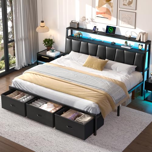 FreeHouse King Size Bed Frame with Storage Headboard & 3 Drawers, Black | Upholstered King Bed Frame with Charging Station & LED Lights,Fabric Drawers, Metal Slats, No Box Spring Needed Noise-Free - color: Black, size: King