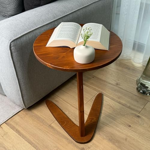 C-Shaped Handmade End Table, Side Table for Couches, Sofa Tables Slide Under Couch for Living Room, Over Couch TV Tray Table for Small Spaces (Large, Chestnut) - color: Chestnut, size: Large