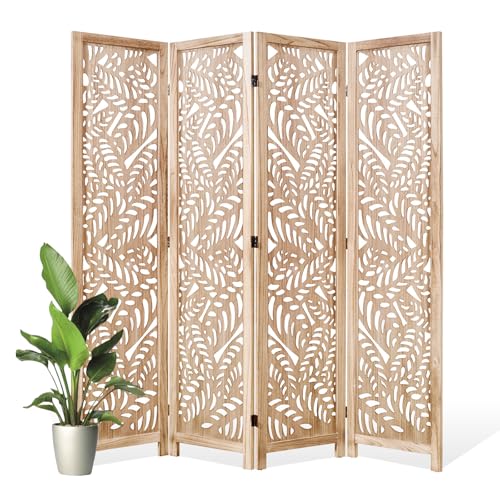 Leaf-Carved Room Divider Privacy Screen - 67 Inch Tall Foading Decorative Wood Screen Dividers Panel for Home - Natural Wood Room Partitions for Enhanced Privacy and Style Natural 4 Paned - color: Natural, size: 4 Panels